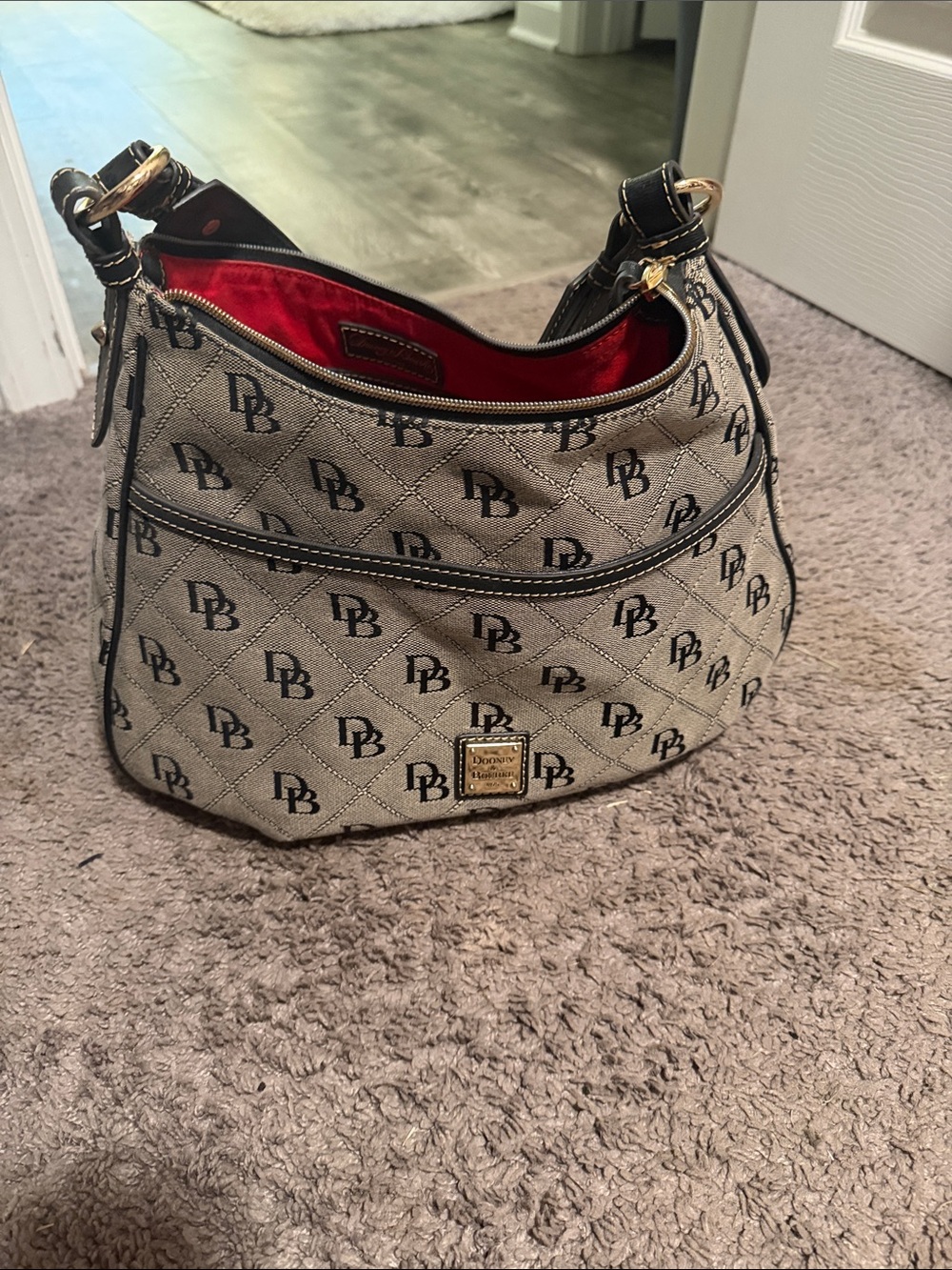 Dooney & Bourke Beige Logo Shoulder Bag with Red Interior